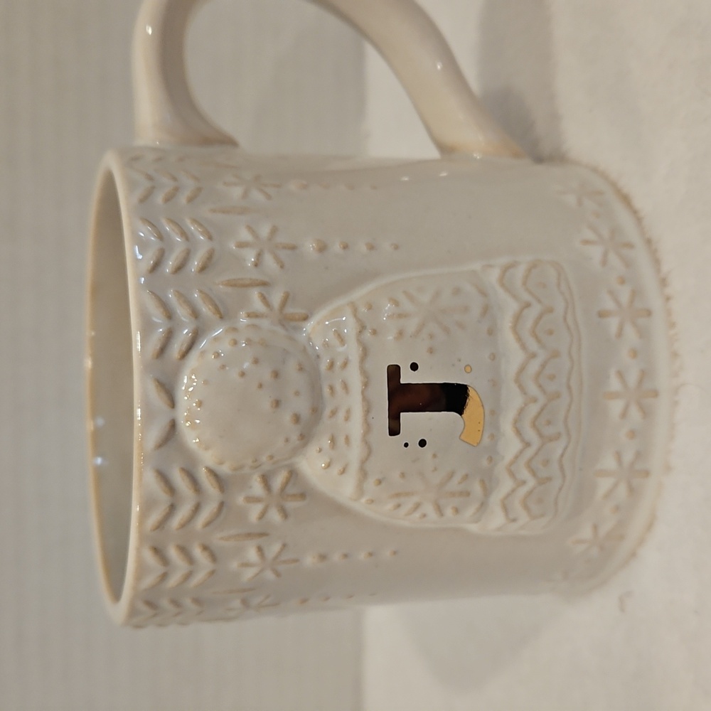 Anthropologie Cream Winter Knit Cap Gold Initial J Coffee Tea Mug